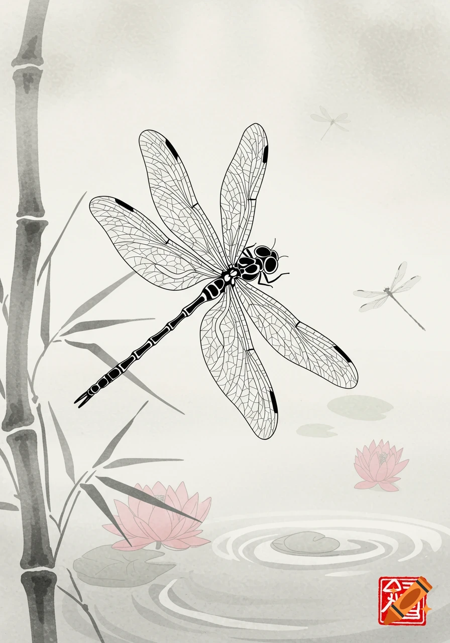 A black and white dragonfly flying above lotus flowers and water ripples, with a bamboo stalk on the left, in a Japanese ink painting style.