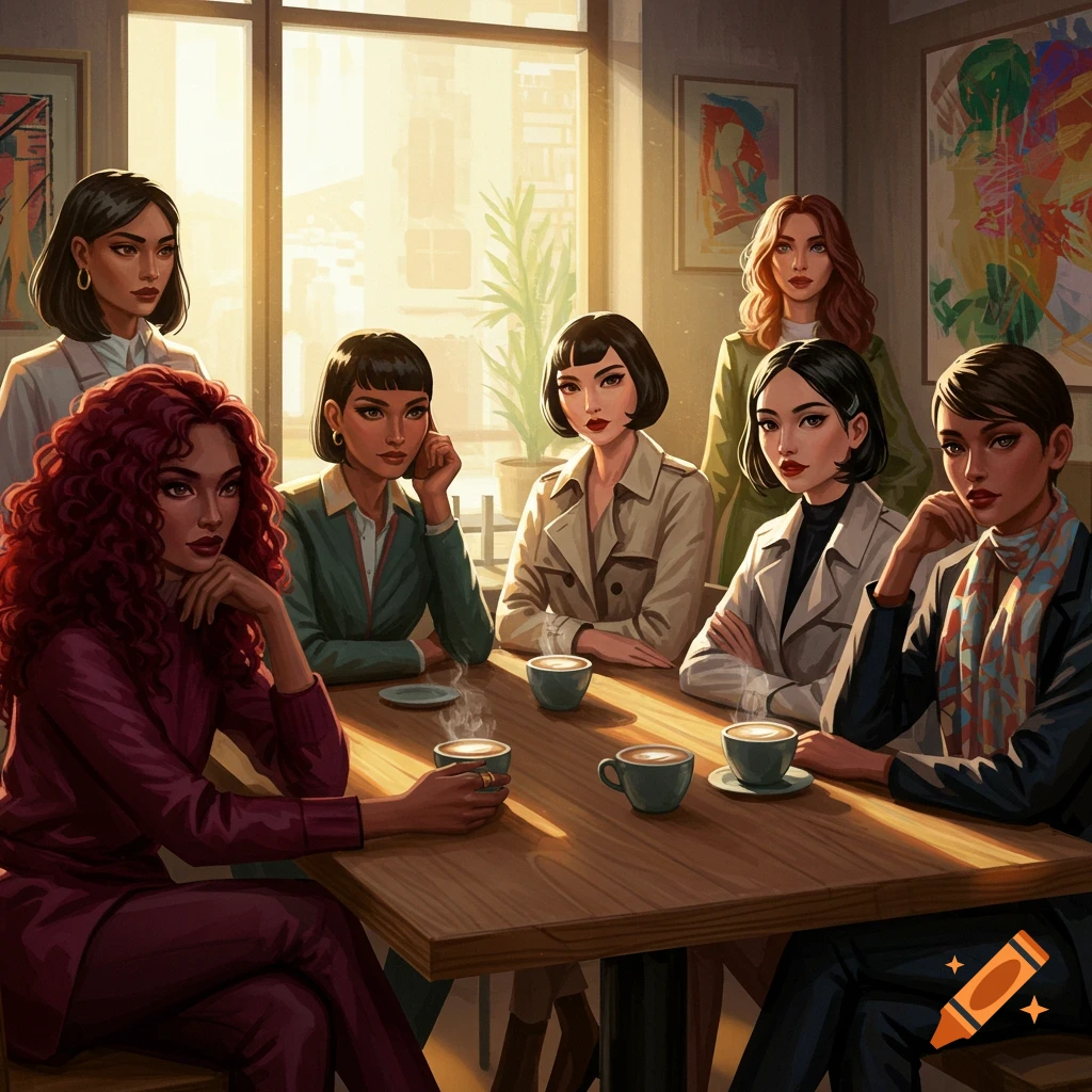 An illustration of seven women gathered around a table with coffee cups in a cafe with warm lighting.