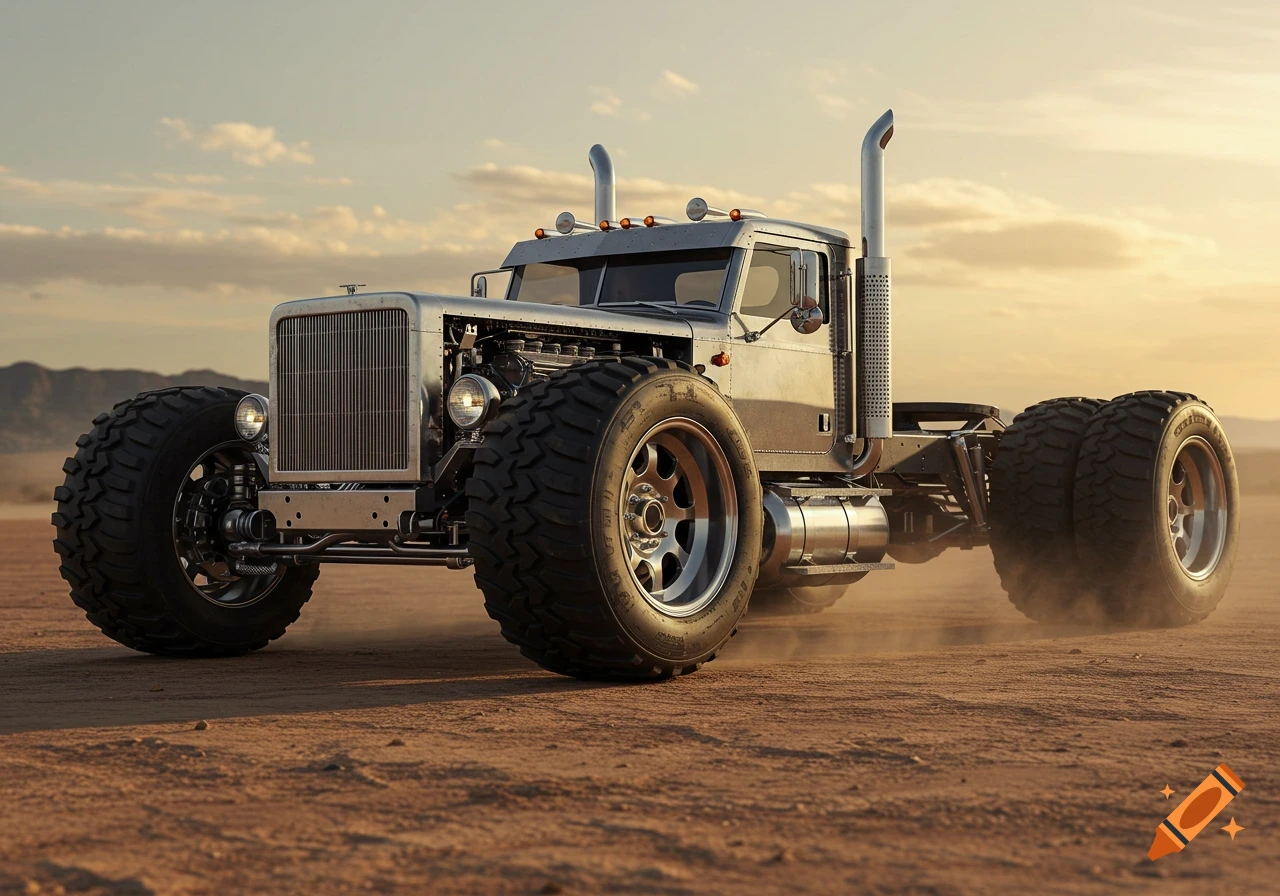 A photorealistic image of a custom rat rod style semi-truck with large off-road tires, driving on a dusty desert road at sunset.