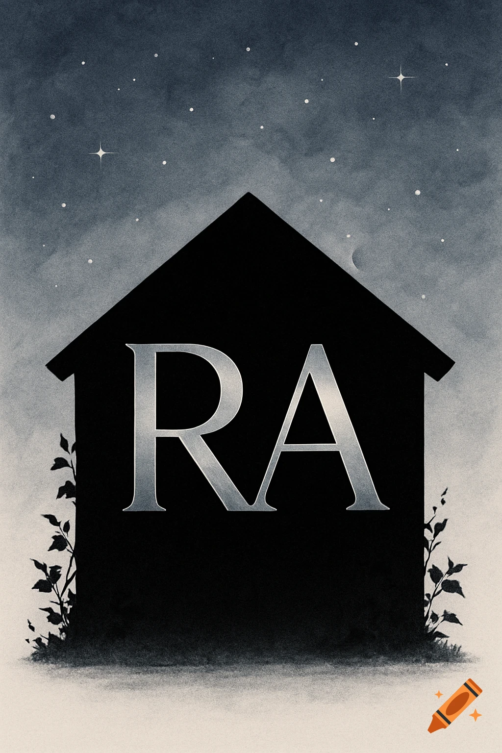 A silhouette of a house with silver 'RA' letters on its front, under a dark, starry night sky, with foliage at the base. Illustrative.