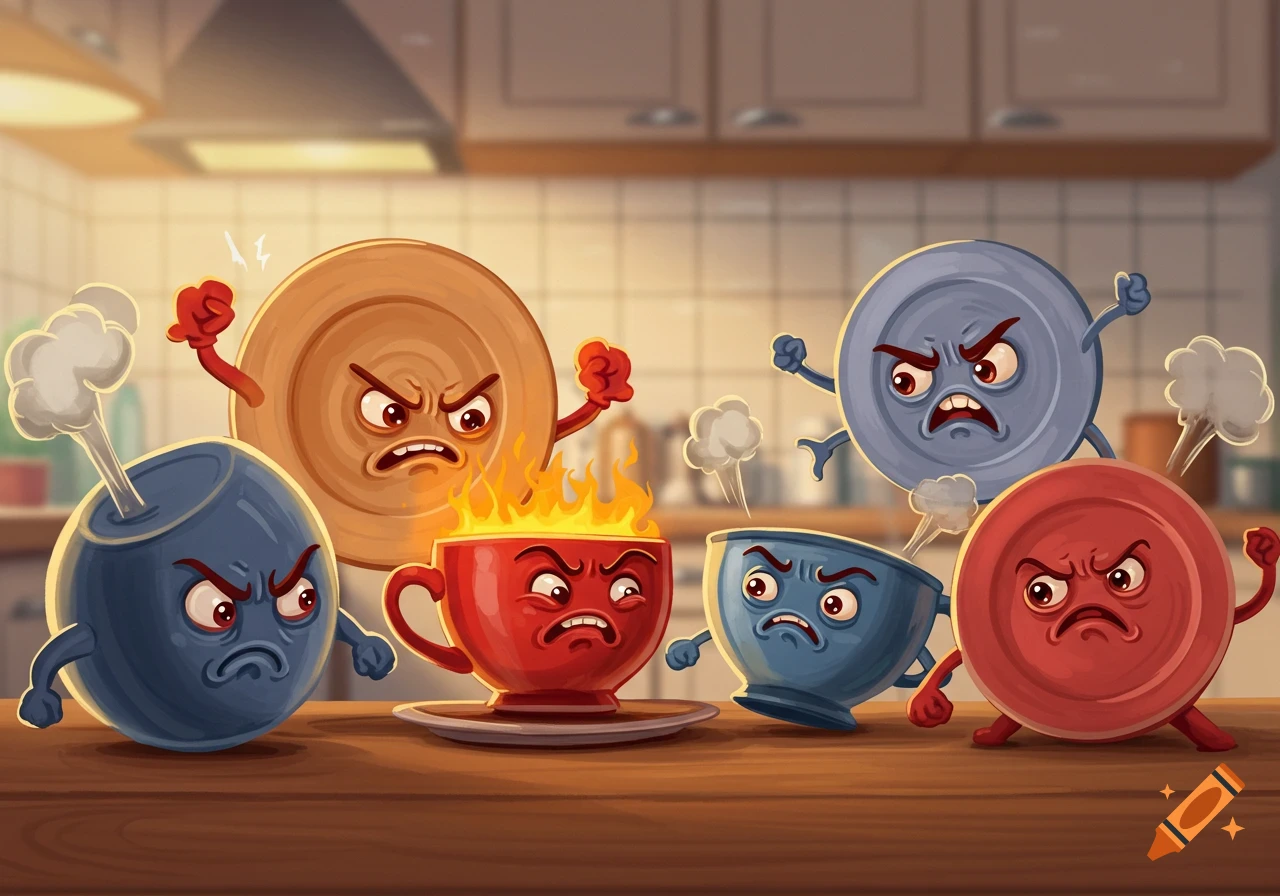 Anthropomorphic kitchen dishes, including cups and plates, angrily confronting each other on a wooden counter.