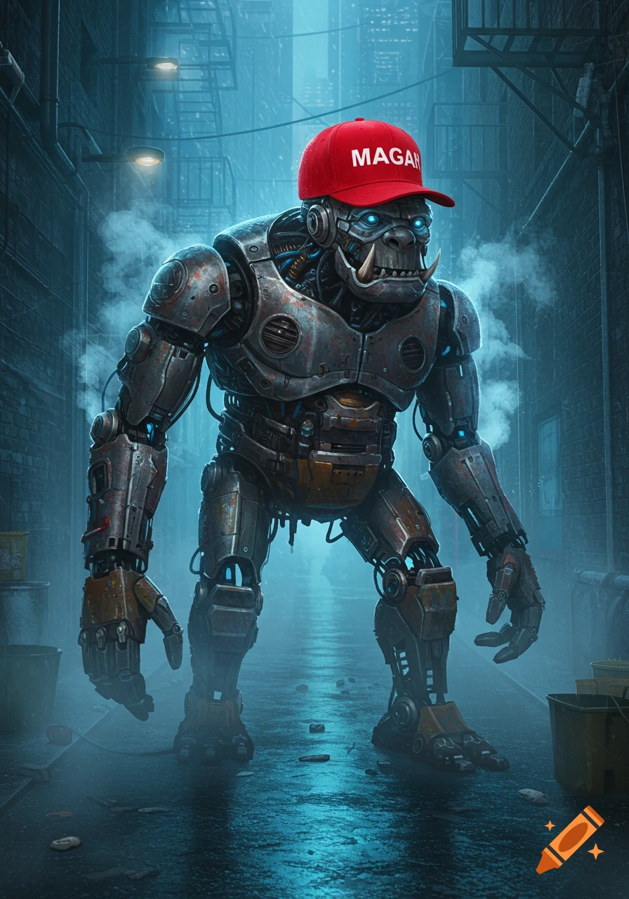 A large, rusty, troll-like robot wearing a red baseball cap that says 'MAGAN' stands in a dark, blue-lit urban alley.