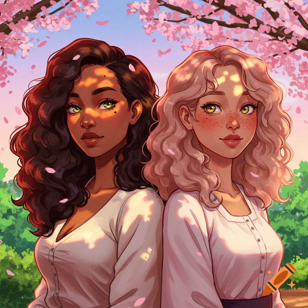 Manga-style portrait of two women, one with dark skin and dark hair, the other light-skinned with blonde hair, standing under cherry blossoms.