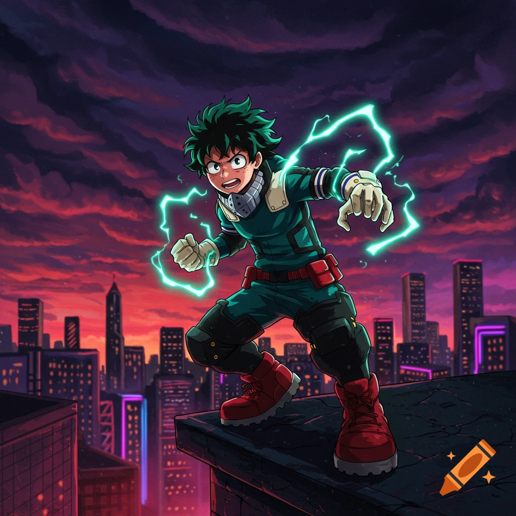 Deku from My Hero Academia crouches on a rooftop with green lightning crackling around him, overlooking a city skyline at sunset.