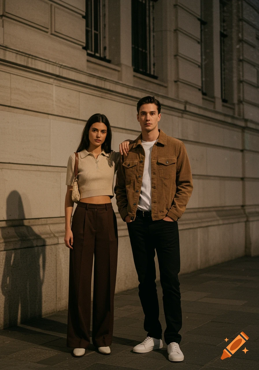 A woman in a beige crop top and brown pants stands next to a man in a brown corduroy jacket and black jeans on a city street at night.
