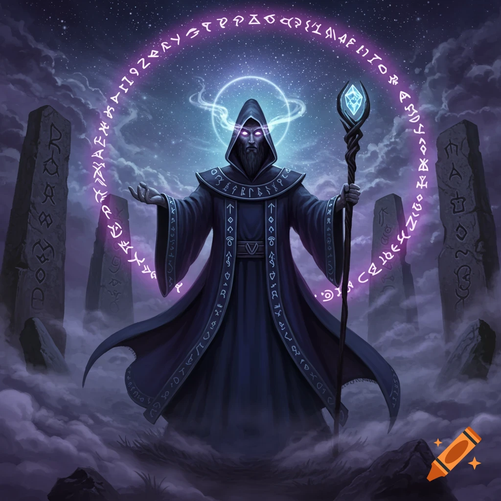 A dark robed wizard stands surrounded by a glowing purple runic circle and ancient monoliths under a starry night sky.