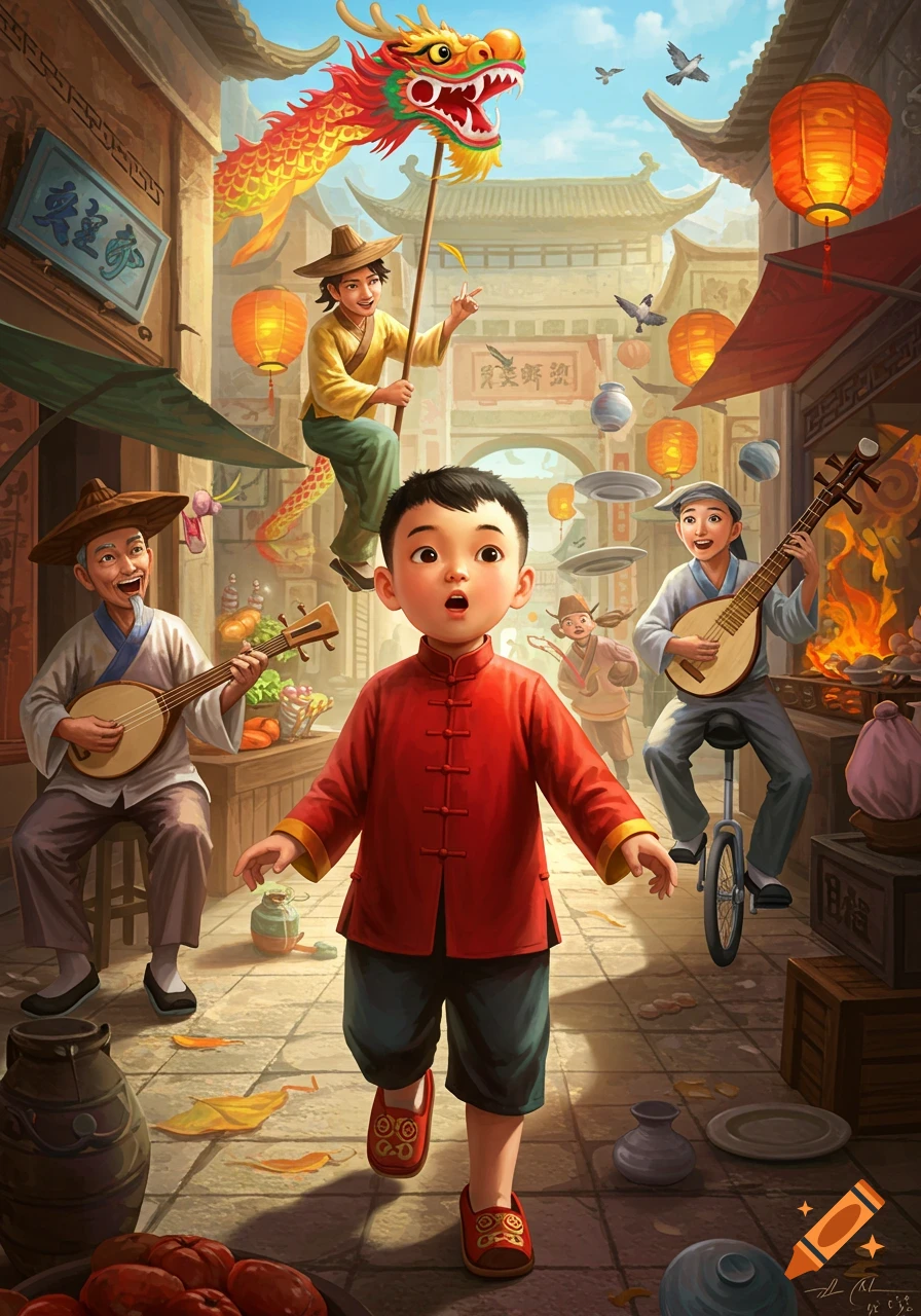 A vibrant illustration of a young Chinese boy in a red top looking surprised amidst a lively street scene with people playing music, a dragon dancer, and lanterns.