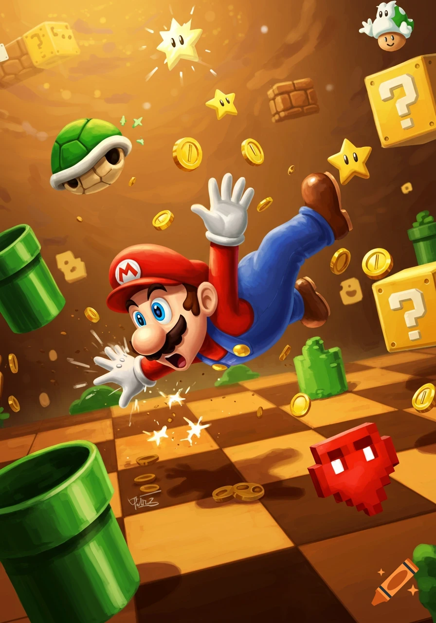 Mario falls through a colorful Super Mario Bros. world surrounded by coins, stars, pipes, and blocks in an illustrated style.