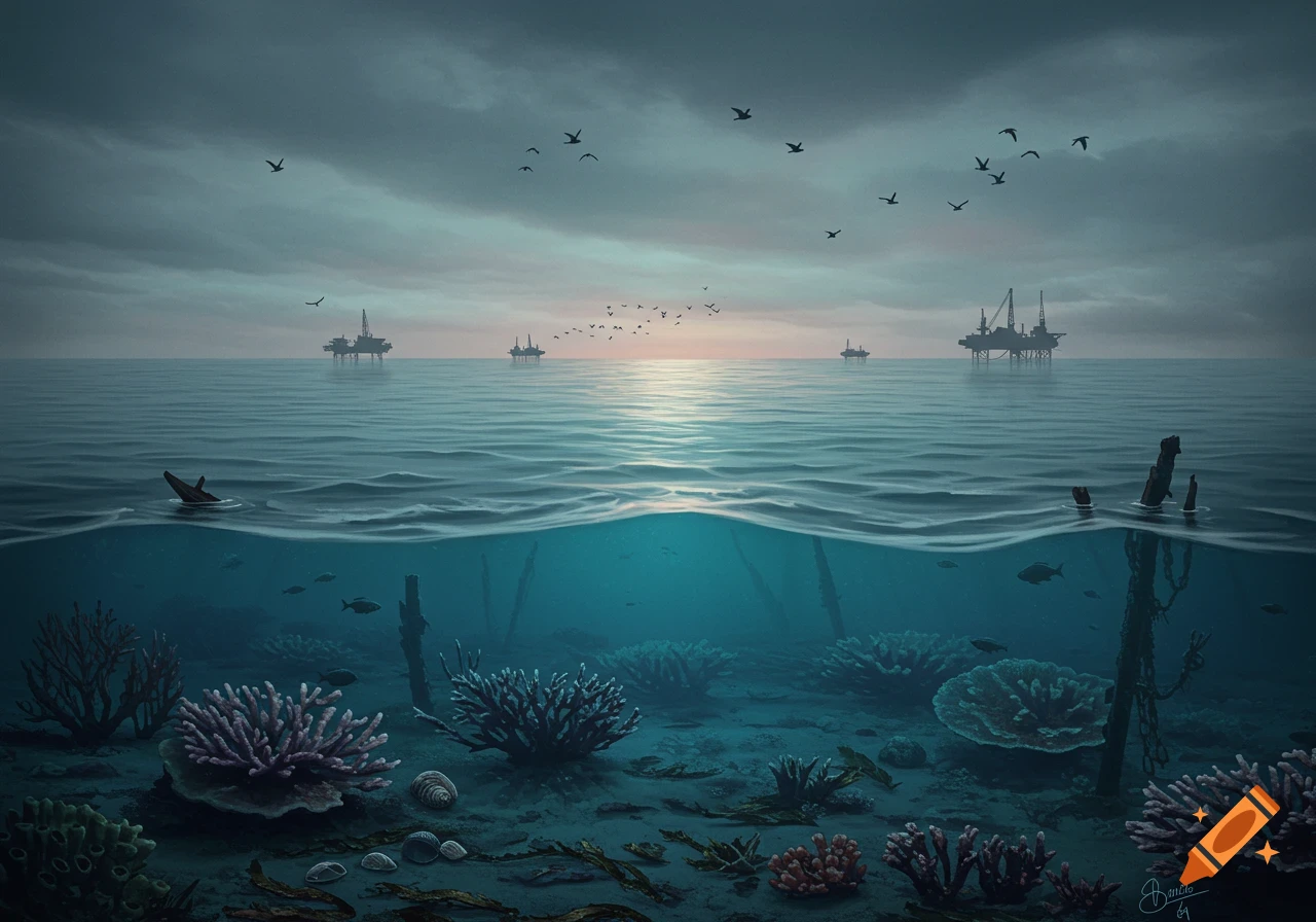 Illustrated split view of an ocean with an underwater coral reef and oil rigs on the horizon under a cloudy sky.