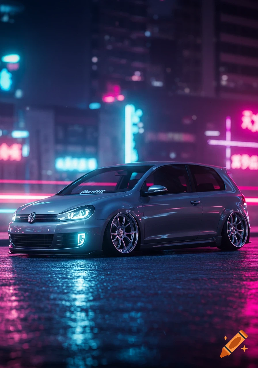 A slammed grey Volkswagen Golf Mk6 parked on a wet street at night, illuminated by neon pink and blue city lights.