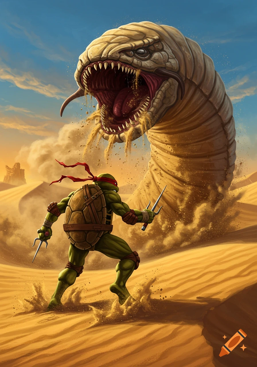 Raphael, a Ninja Turtle, battles a giant sand worm in a desert landscape, digital art.