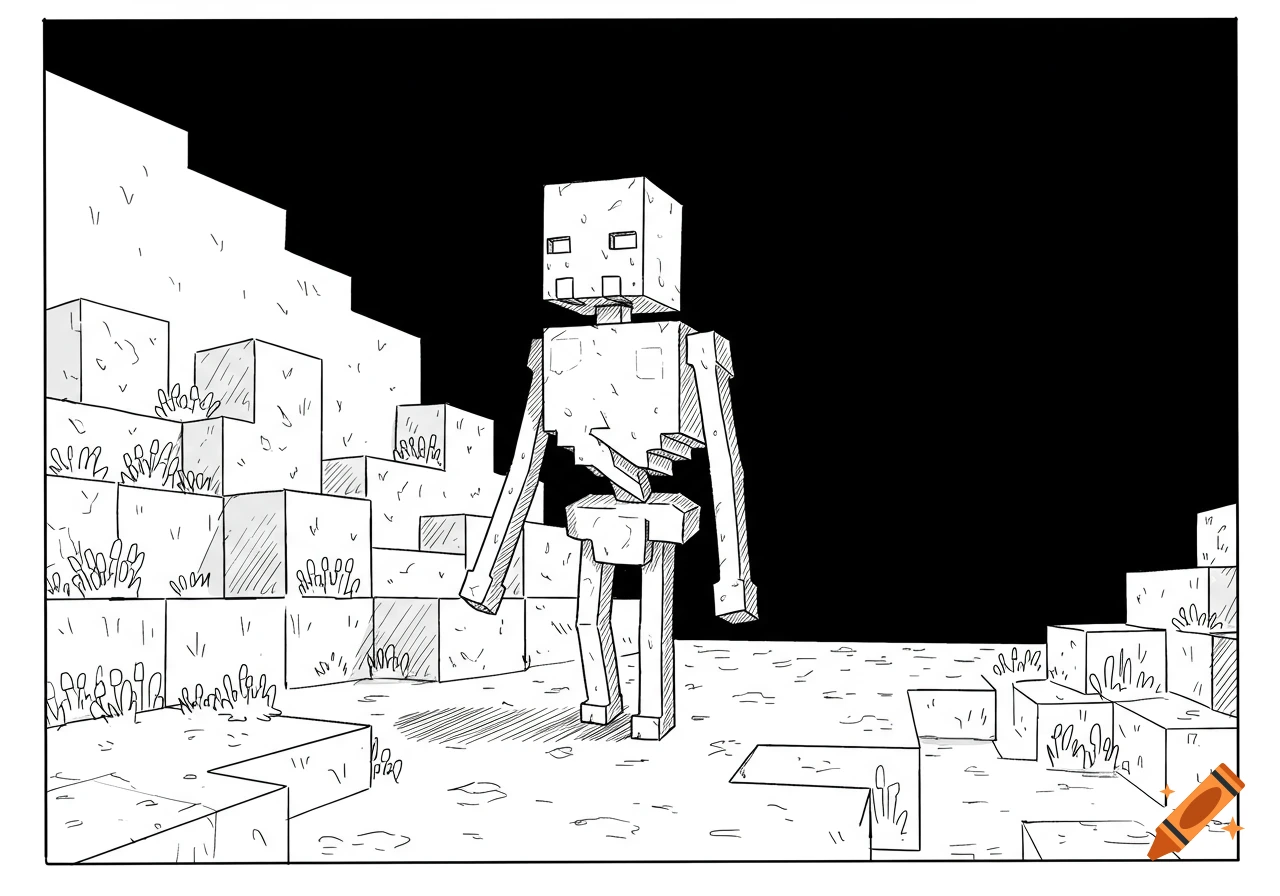 A black and white cartoon drawing of a blocky, Minecraft-style skeleton standing on a staircase of blocks, with small plants growing on the blocks, against a black background.