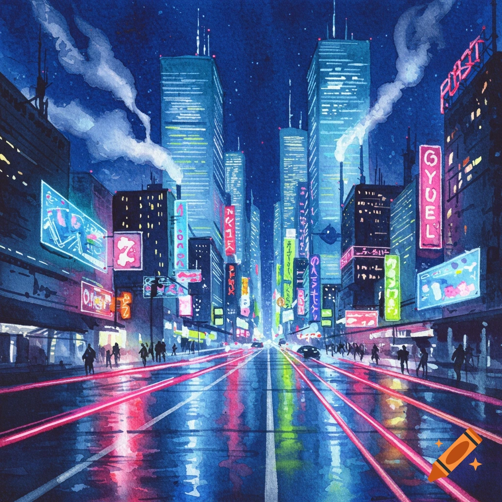 A vibrant watercolor painting of a cyberpunk city street at night, illuminated by neon signs and light trails from vehicles.