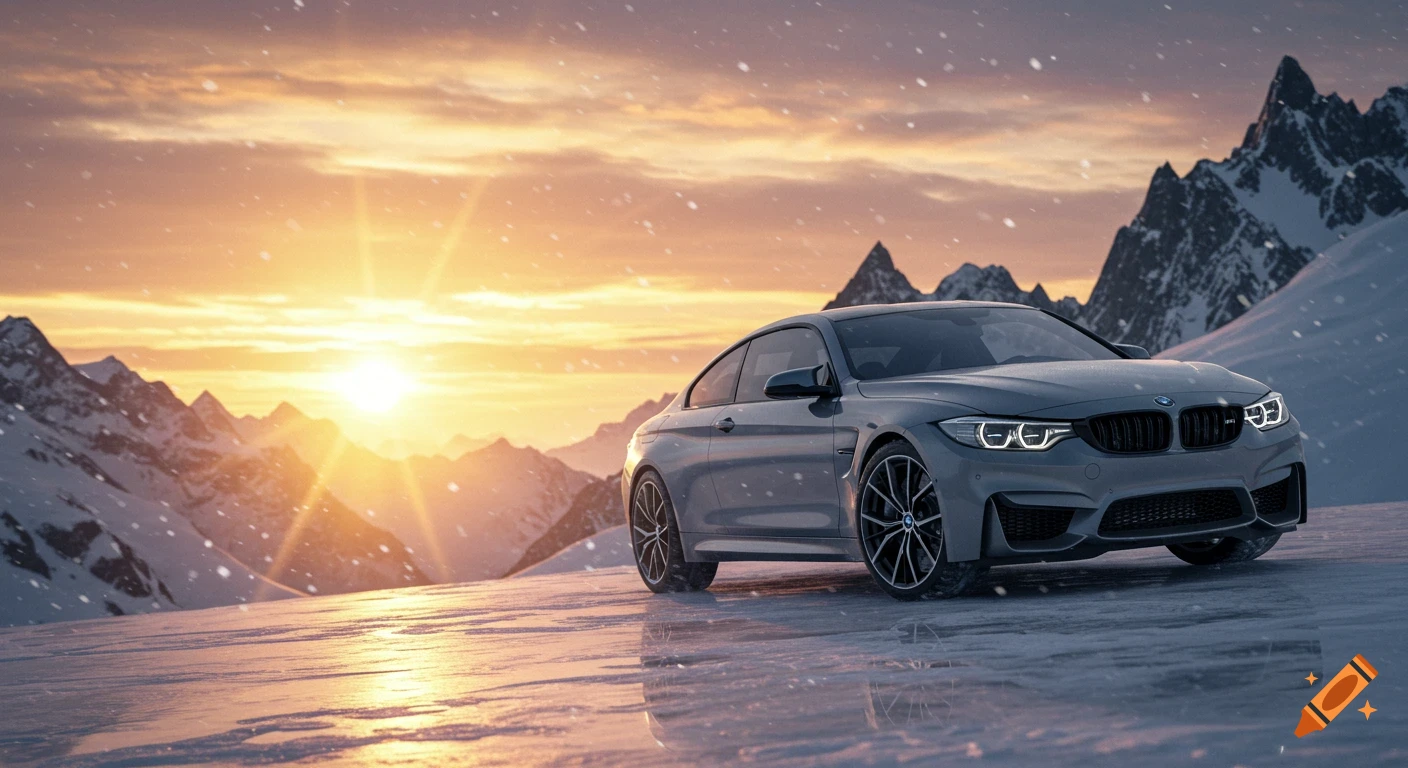 A grey BMW M4 car on a snowy, icy surface in the mountains at sunset with falling snow.