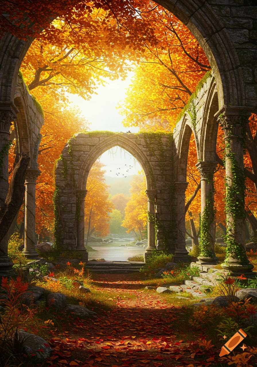 Ancient stone ruins covered in ivy, set in a vibrant autumn forest with a path leading to a bright clearing by a river.