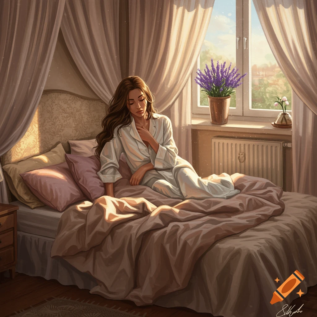 A woman in pajamas sits on a bed in a sunlit bedroom with a potted lavender plant by the window, digital art.