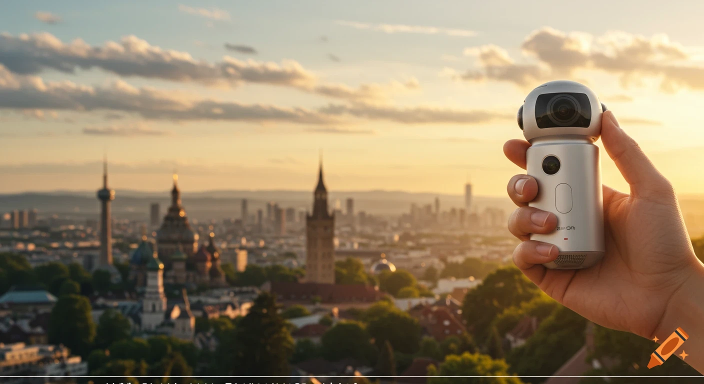 Hand holding a 360-degree camera with a blurred city skyline at sunset in the background.