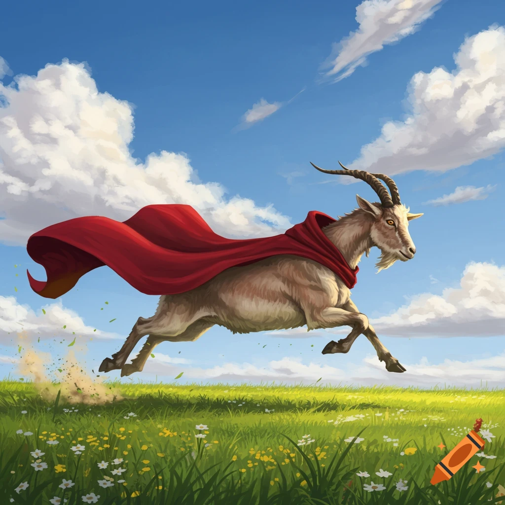 A goat wearing a flowing red cape runs across a green field with wildflowers under a bright blue, cloudy sky.