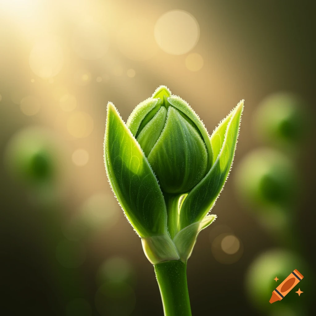 A close-up, photorealistic image of a vibrant green plant bud, with fuzzy leaves, in bright sunlight with bokeh effects.