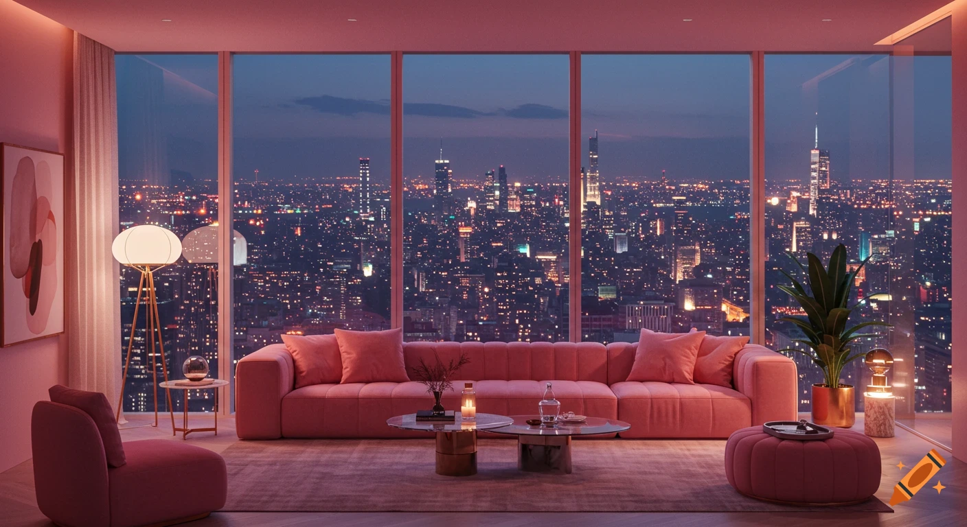 Photorealistic image of a luxurious pink penthouse living room with a panoramic night city view.