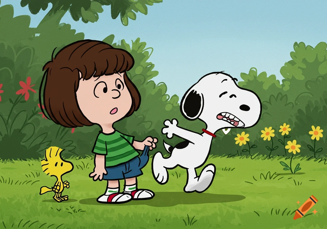 Lucy pulling Snoopy's leg in a green outdoor cartoon scene with Woodstock.