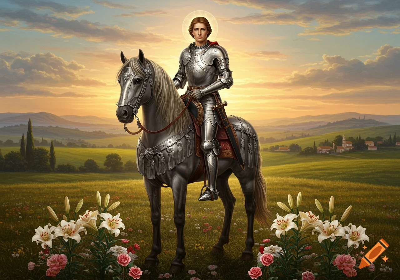A knight in shining armor with a halo sits atop a horse in a vibrant green field with flowers, bathed in the warm light of a sunset.