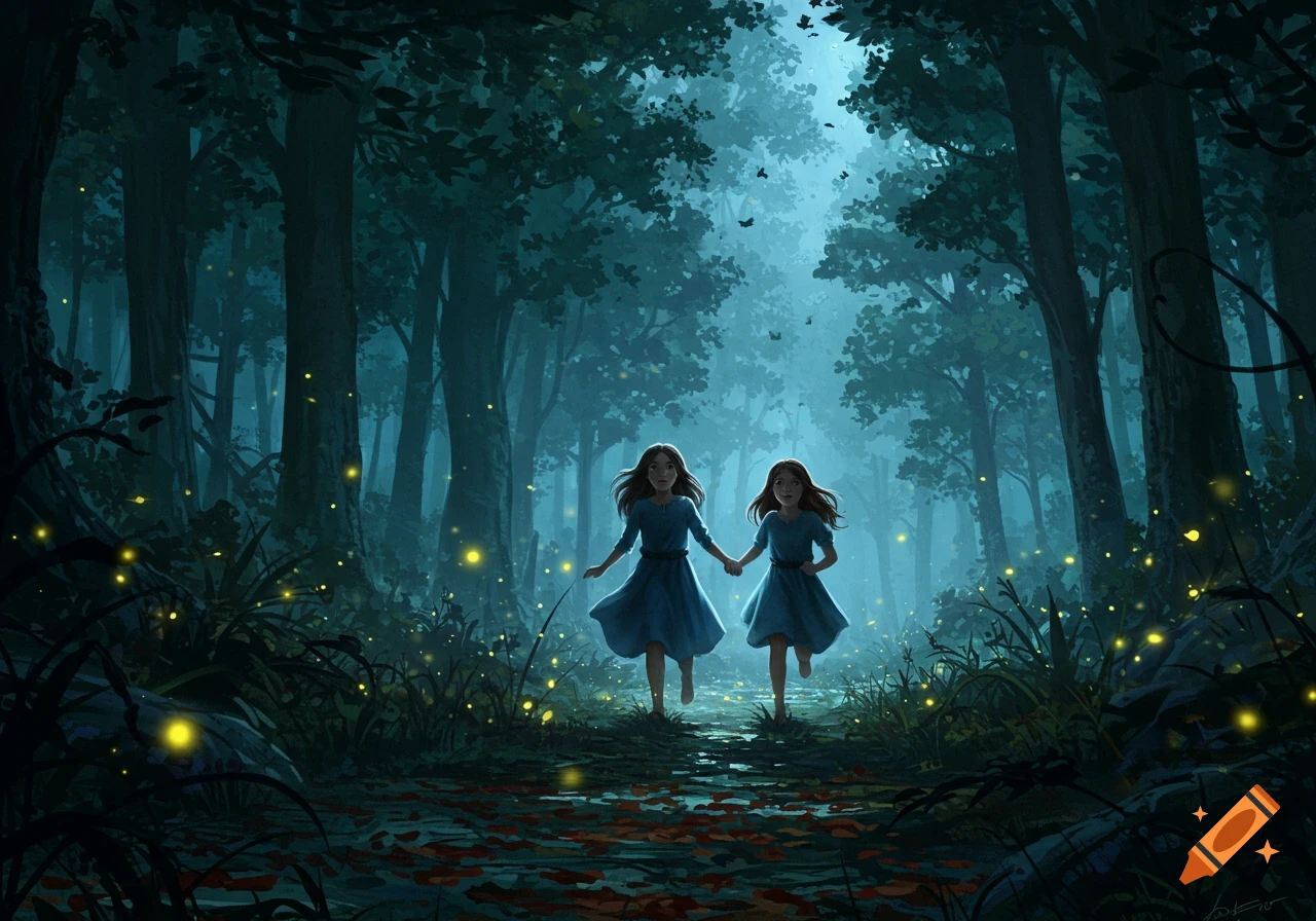 Two young girls holding hands and running through a dark, glowing forest at night, fantasy illustration.