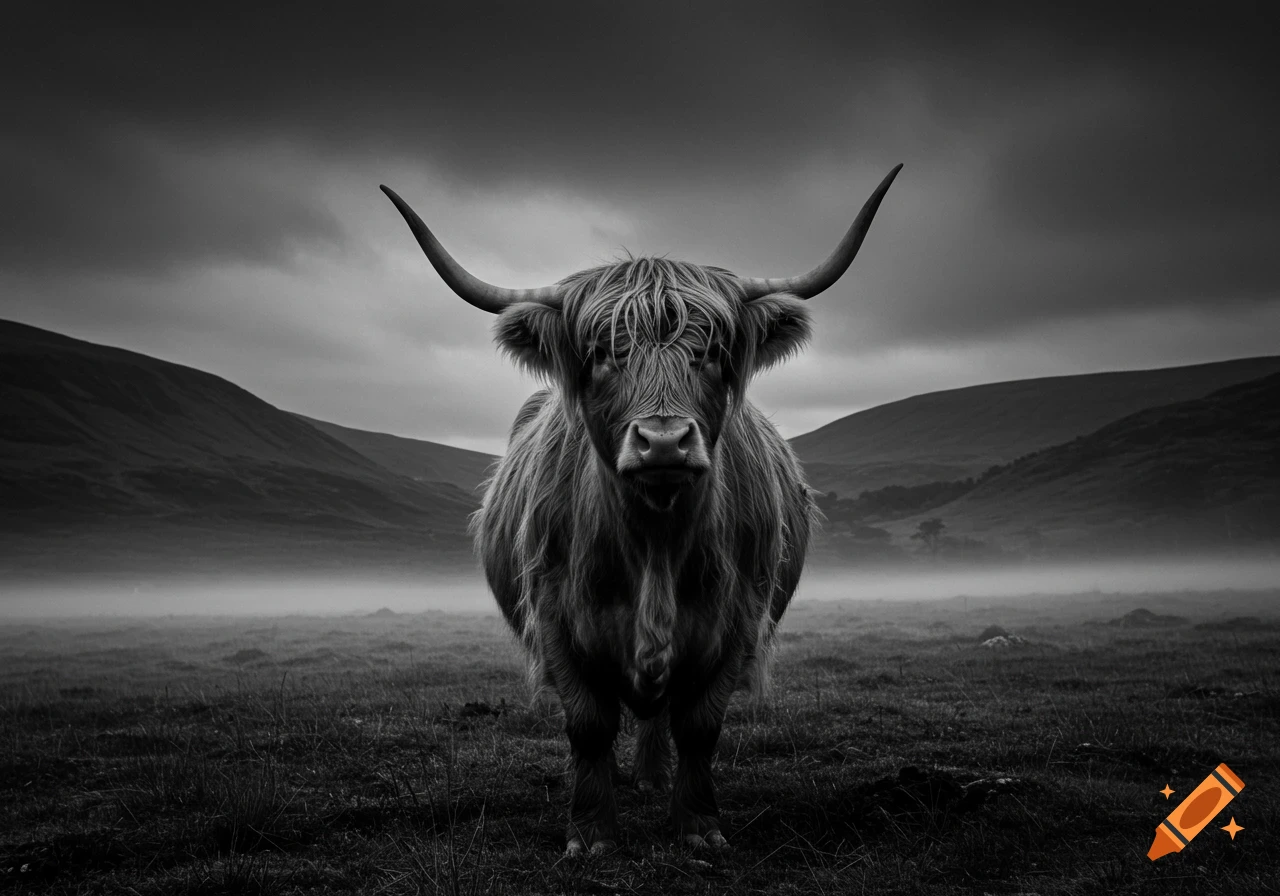 A majestic Highland cow with long horns and shaggy fur stands in a misty black and white landscape.