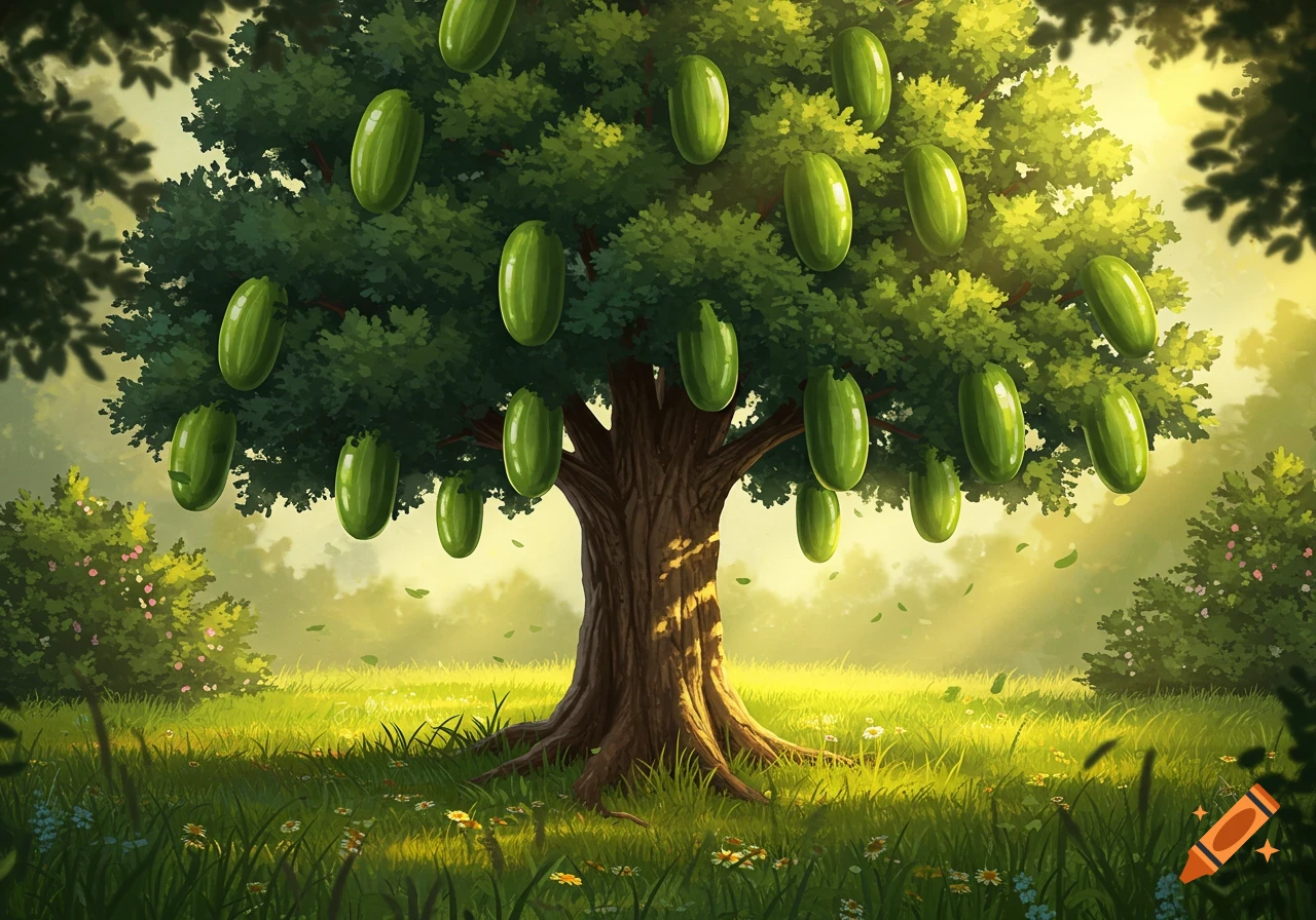 A vibrant illustration of a tree bearing green pickles in a sunny, grassy field with wildflowers.