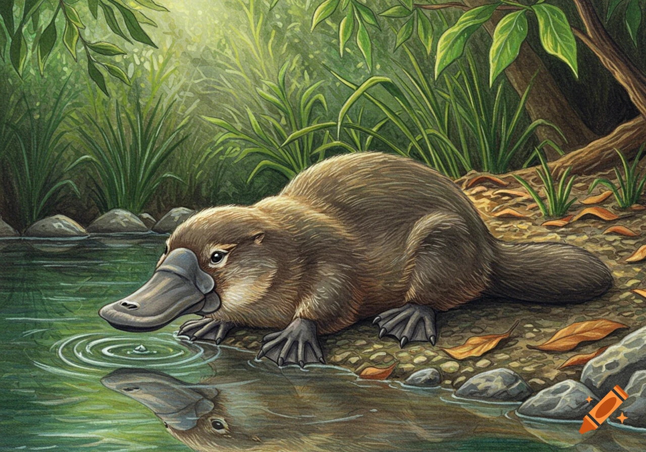 An illustrated platypus with a detailed furry body and large bill drinks from a pond, surrounded by lush green foliage and sunlit water.