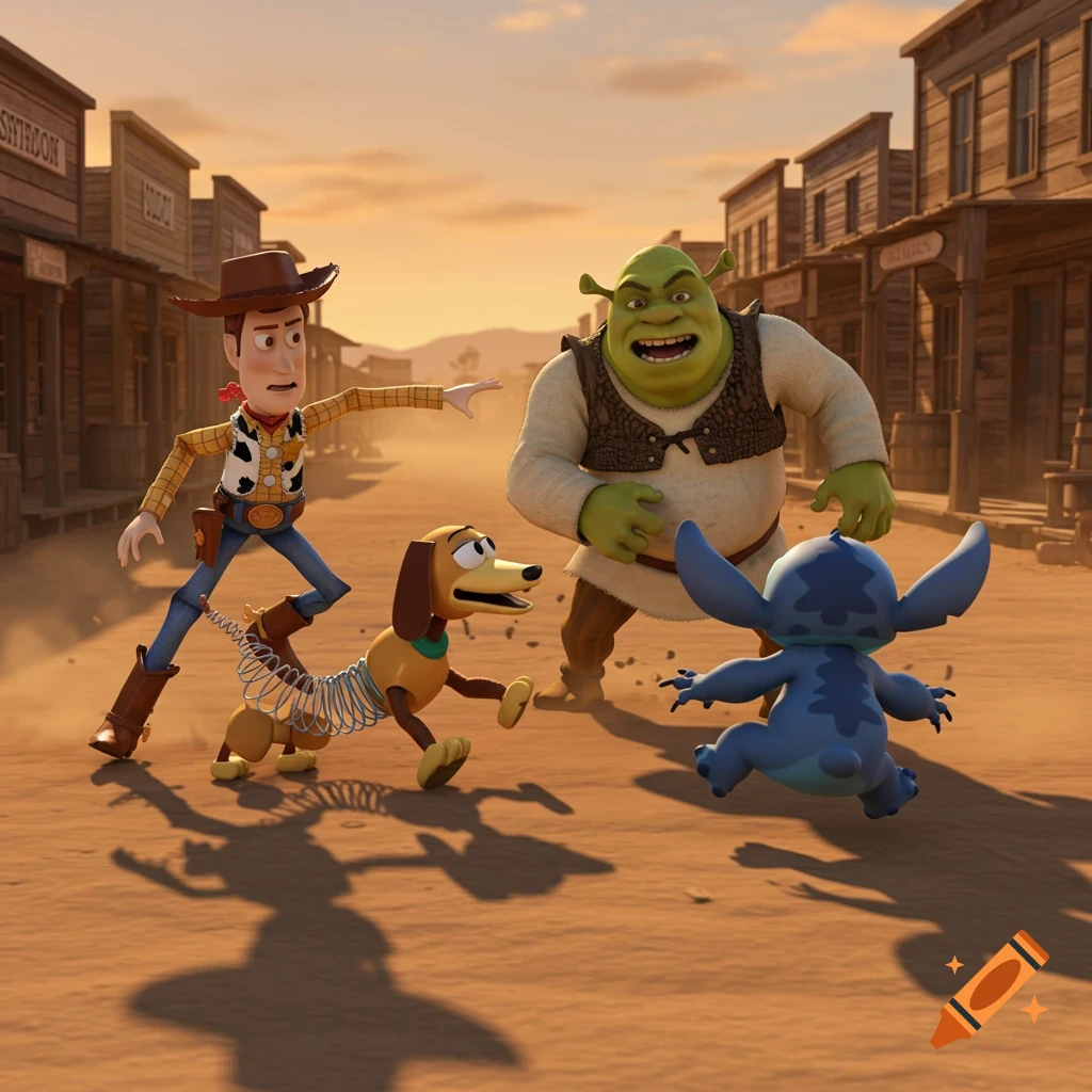 Sheriff Woody, Slinky Dog, Shrek, and Stitch confront each other in a dusty Wild West town in 3D animation.