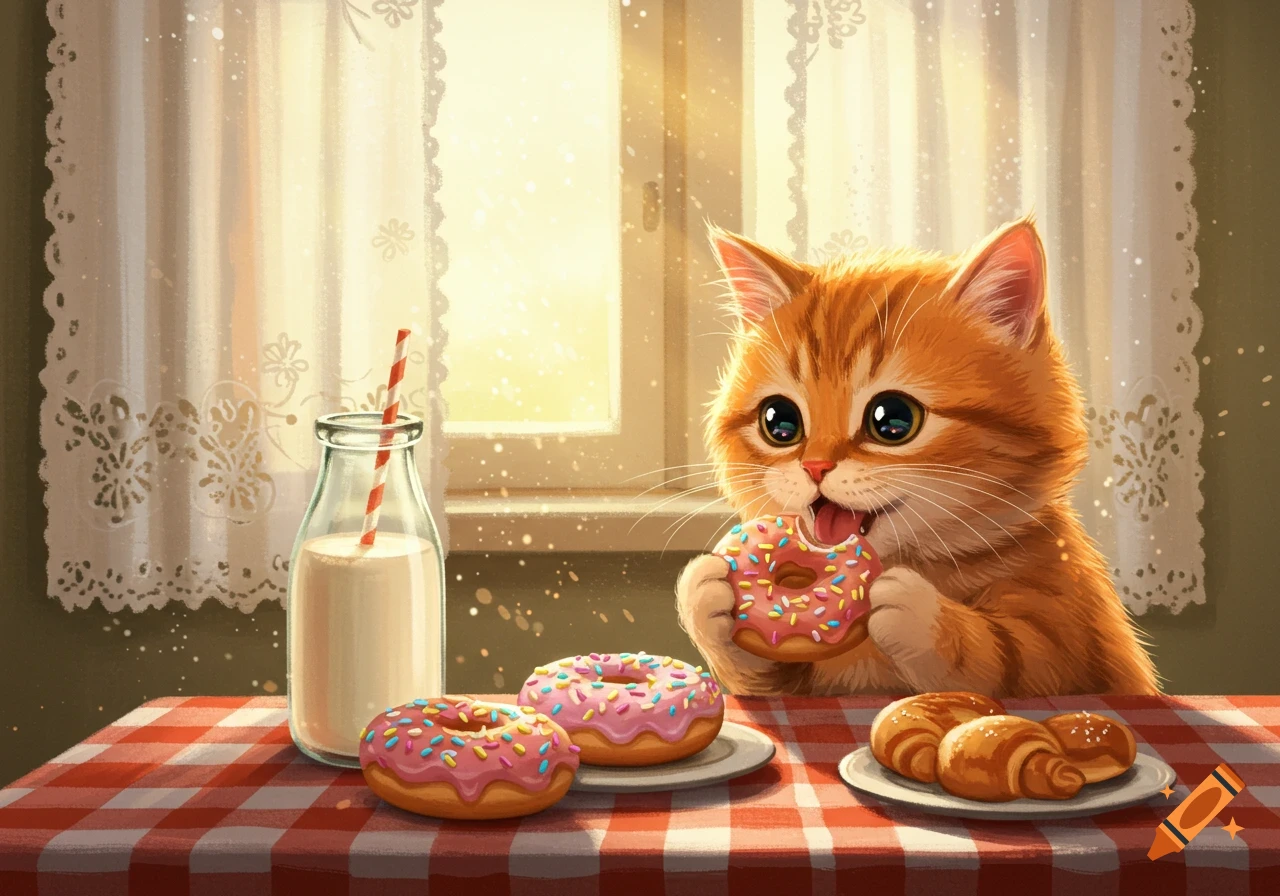 A cute orange tabby kitten eats a pink frosted doughnut at a table with milk and pastries by a sunny window, illustrative style.