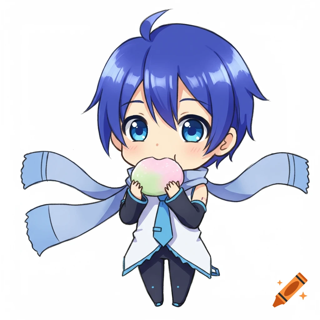 Chibi anime character Kaito with blue hair and a scarf eating a pink and green mochi on a white background.