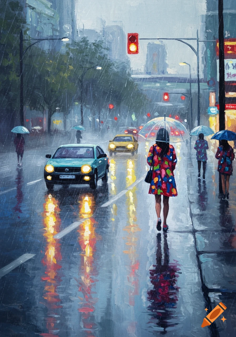 An impressionist-style painting of a city street in the rain with cars and people holding umbrellas, showing reflections on the wet asphalt.