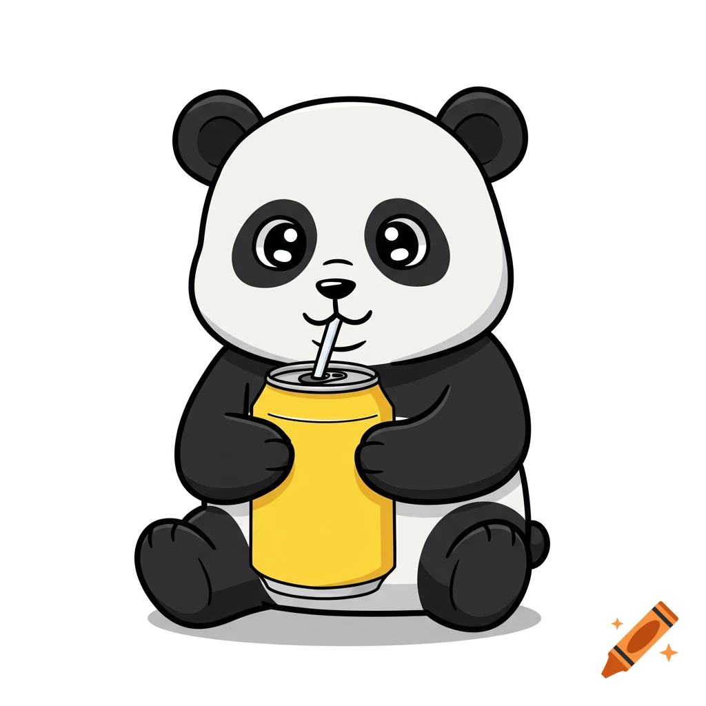 Cute cartoon panda drinking from a yellow soda can.