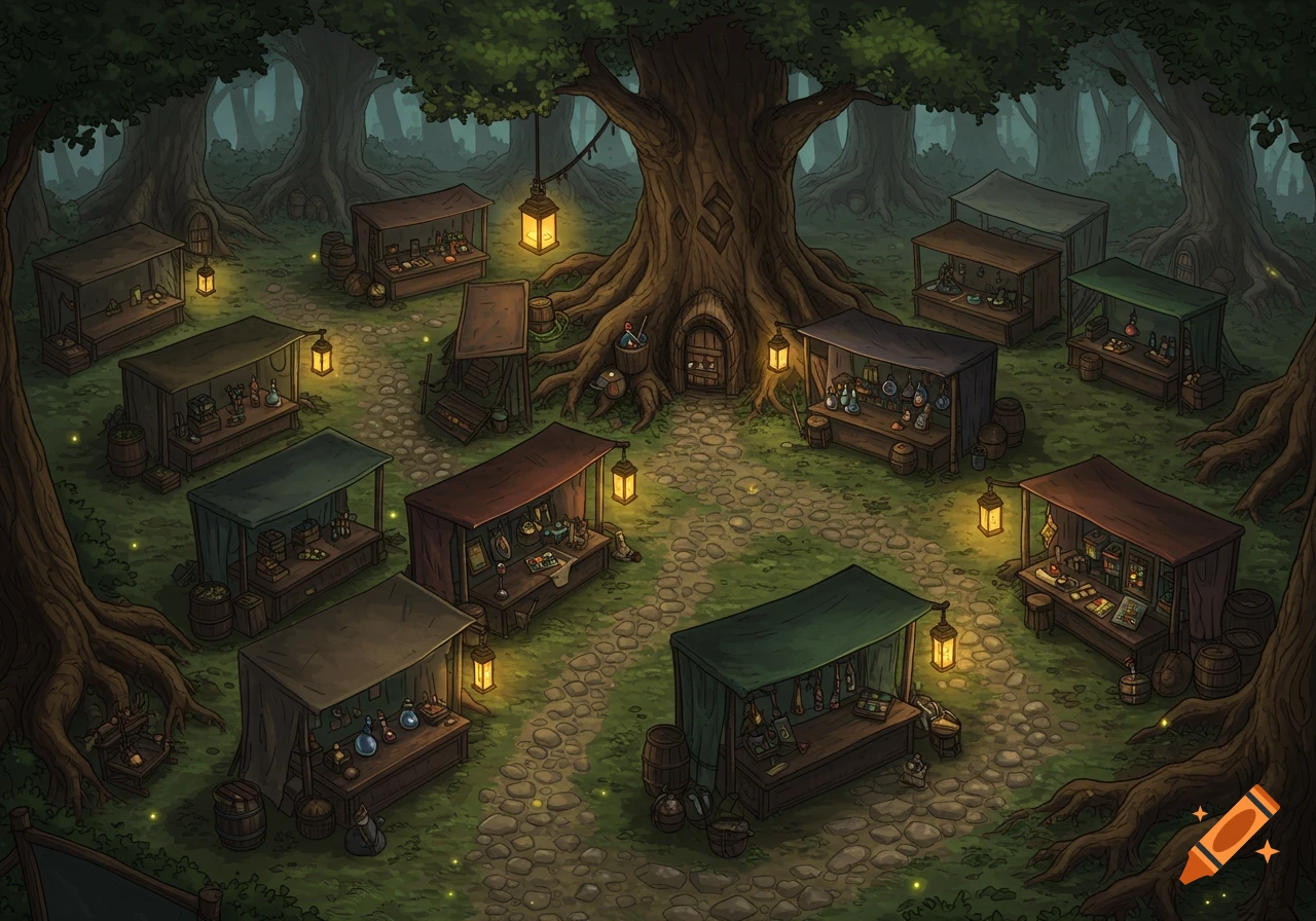 A fantasy market bustling in a forest clearing at dusk, with numerous merchant stalls and glowing lanterns encircling a large, ancient tree with a small door.