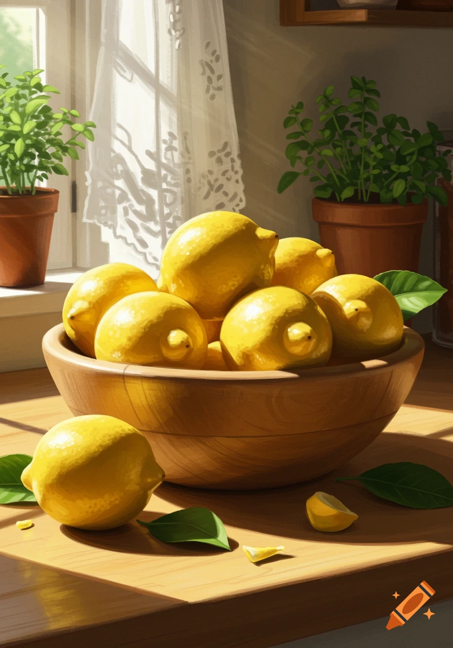 A wooden bowl filled with lemons on a sunlit kitchen counter, with potted plants and a window in the background.