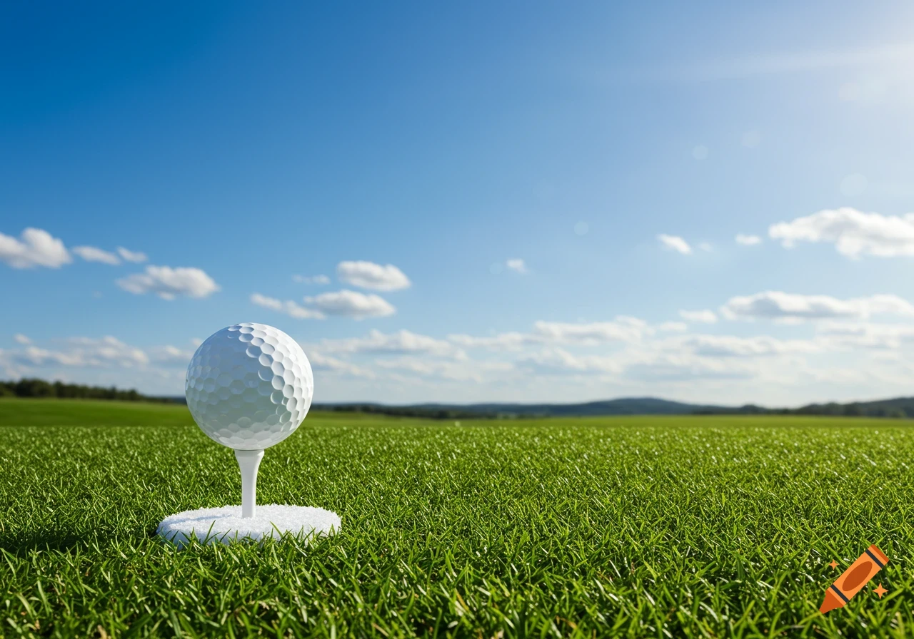 A white golf ball on a tee sits in green grass with a blue sky and white clouds.