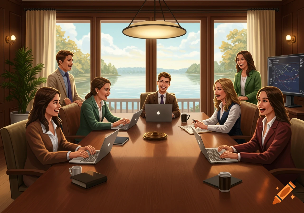 Animated group of happy attorneys in a boardroom with laptops, overlooking a lake.