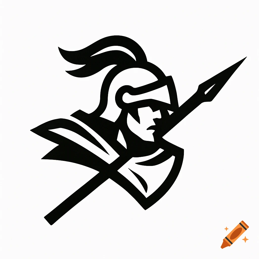 A black and white minimalistic logo of a warrior in a helmet holding a spear, depicted with thick, bold lines.