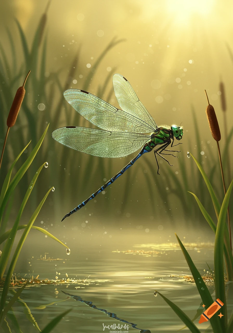 A vibrant green and blue dragonfly hovers over a golden, misty pond with reeds and cattails, sunlit from above.