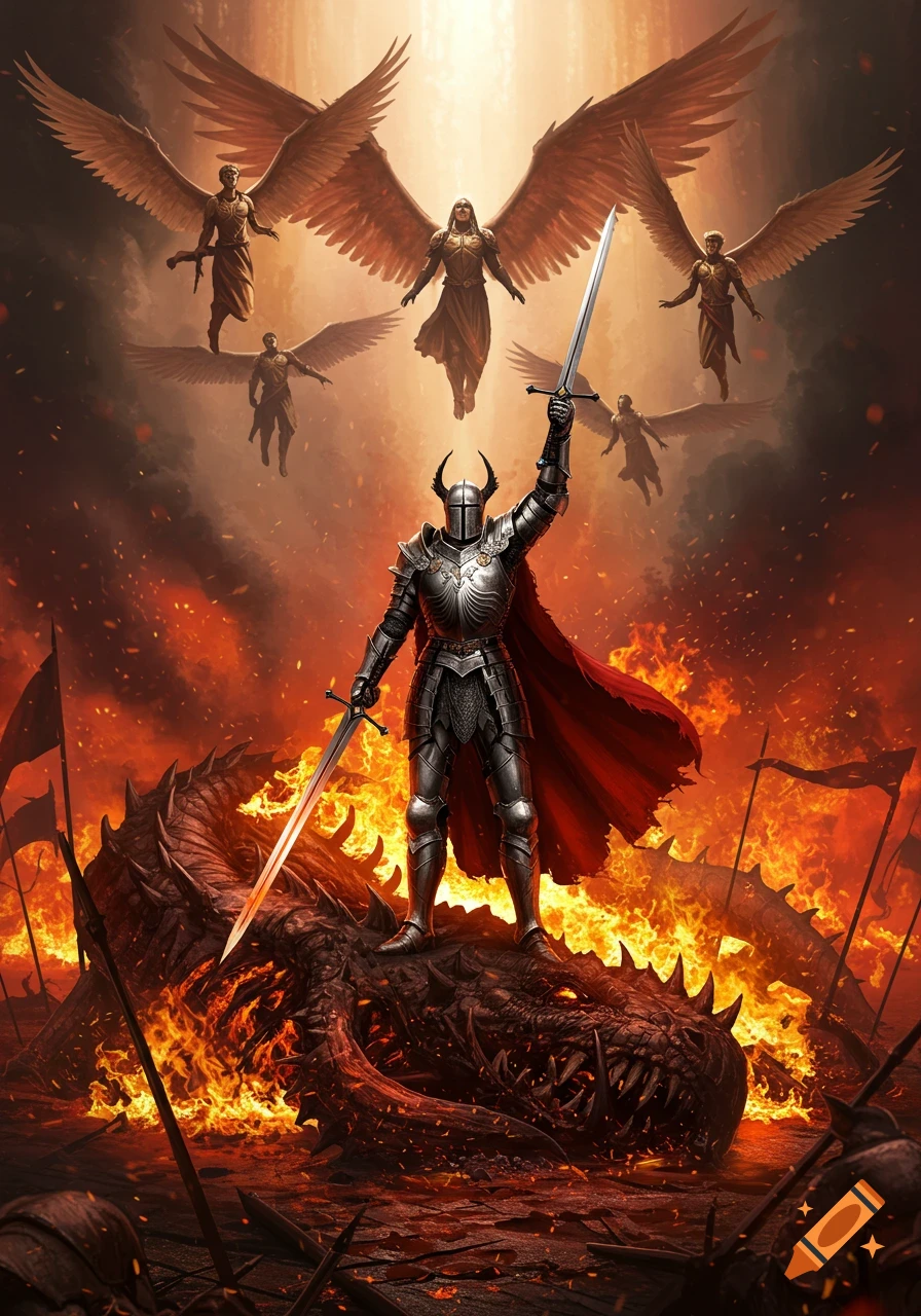 A knight stands victorious on a slain dragon, surrounded by fire, with winged angels floating above in a bright sky.
