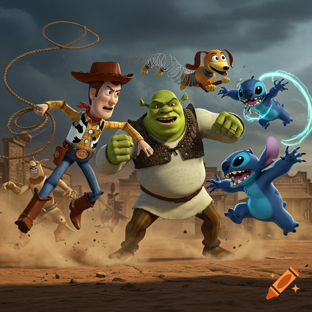 Woody, Shrek, Slinky Dog, and Stitch fight in a dusty Western town in a 3D animated style.
