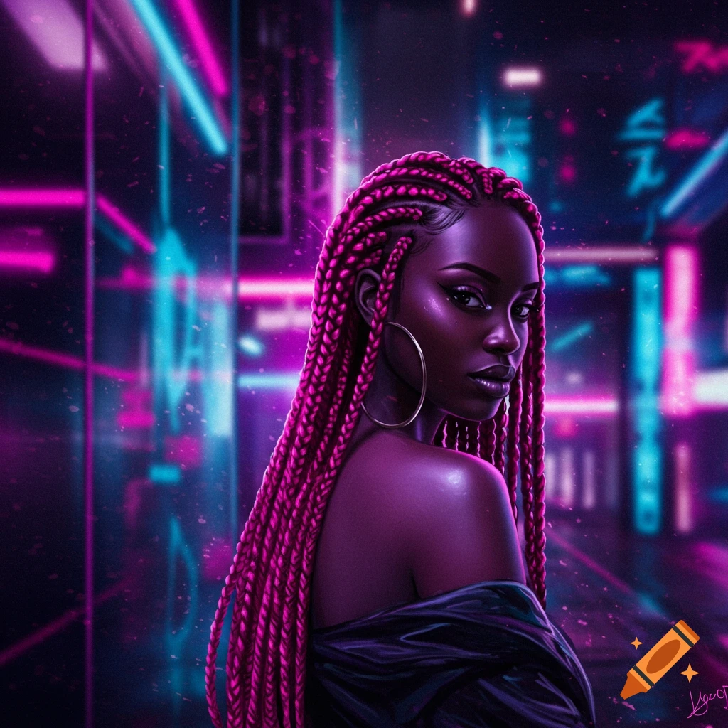 A Black woman with vibrant pink braided hair and large hoop earrings gazes over her shoulder in a neon-lit cyberpunk city.