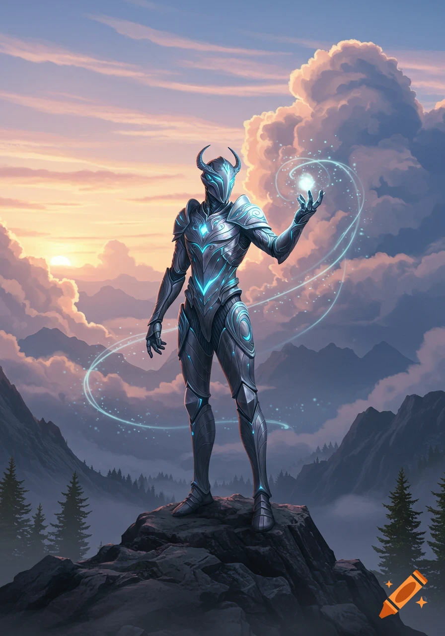 An armored futuristic warrior stands on a mountain at sunset, holding a glowing blue orb of magic.