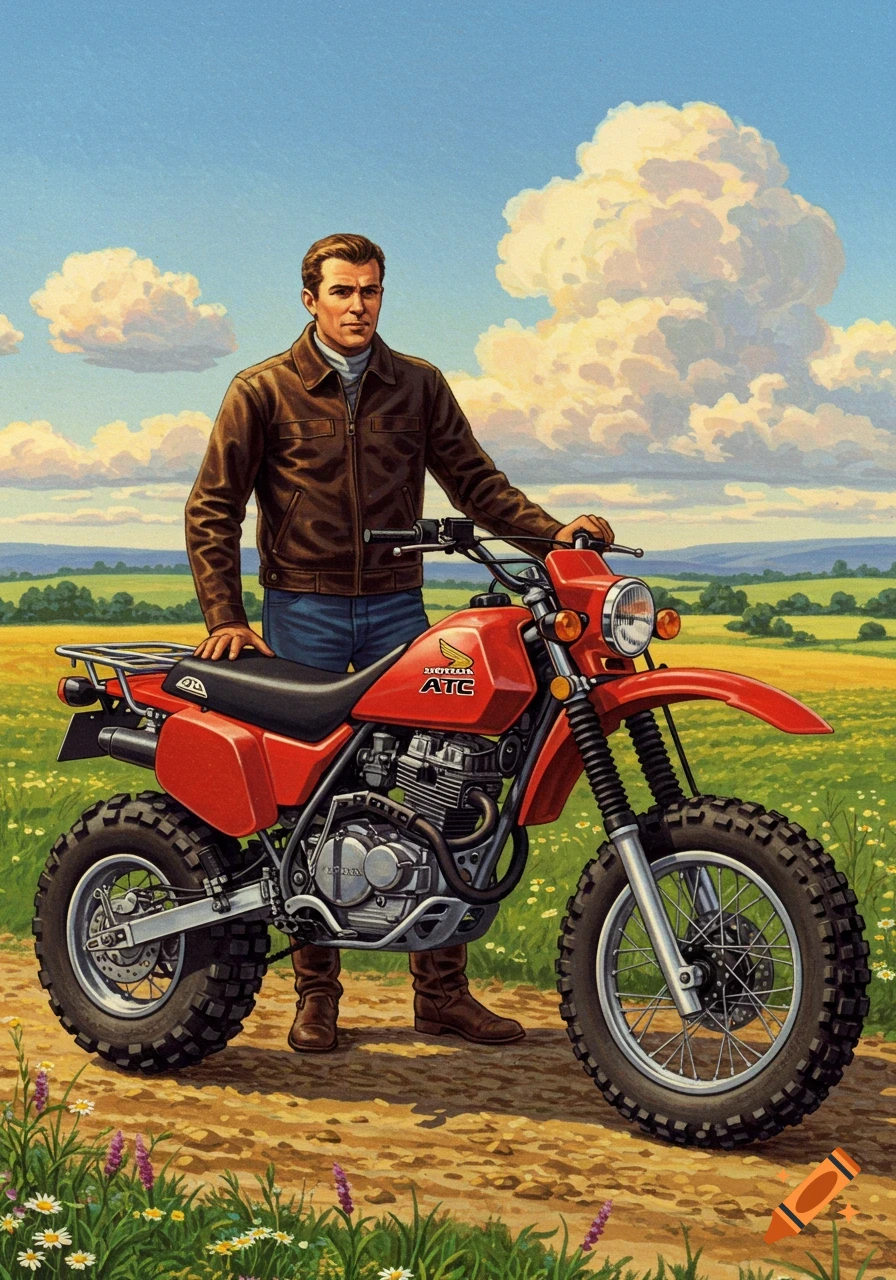 An illustration of a man in a leather jacket standing next to a red Honda ATC motorcycle in a sunny field.