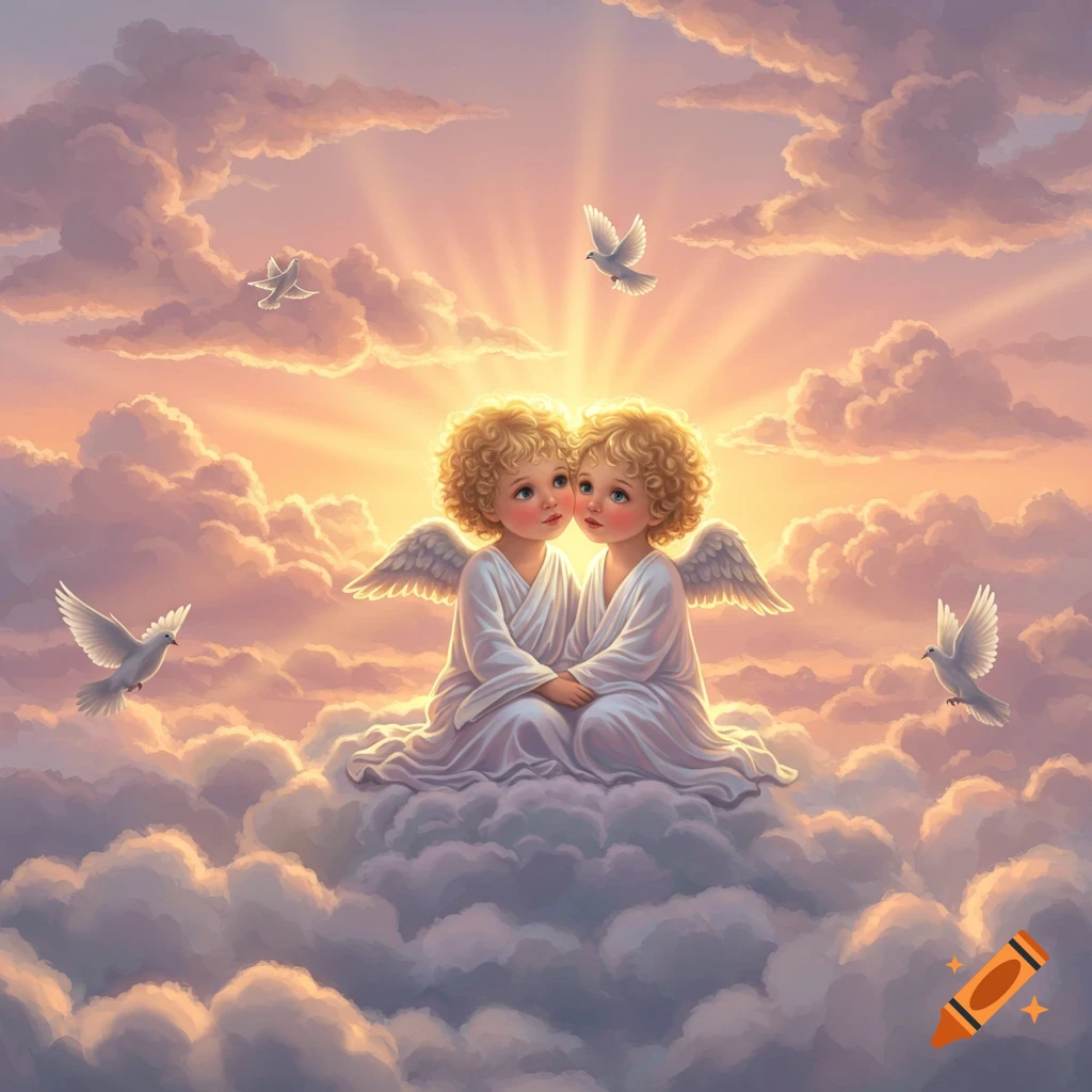 Two cherubic blonde angels with wings sit on a cloud amidst a vibrant sky with doves and sun rays.