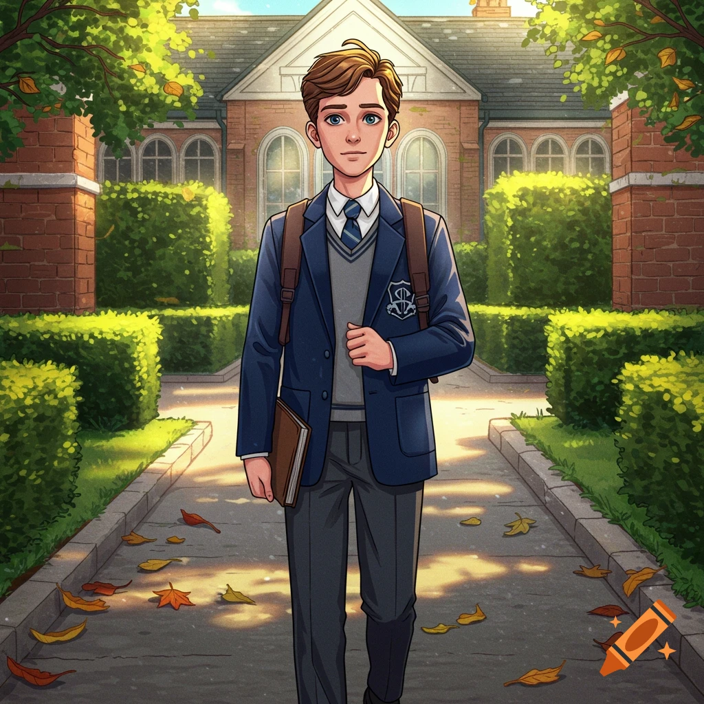 An illustrated young boy in a blue school uniform and backpack walks on a path in front of a brick school building.