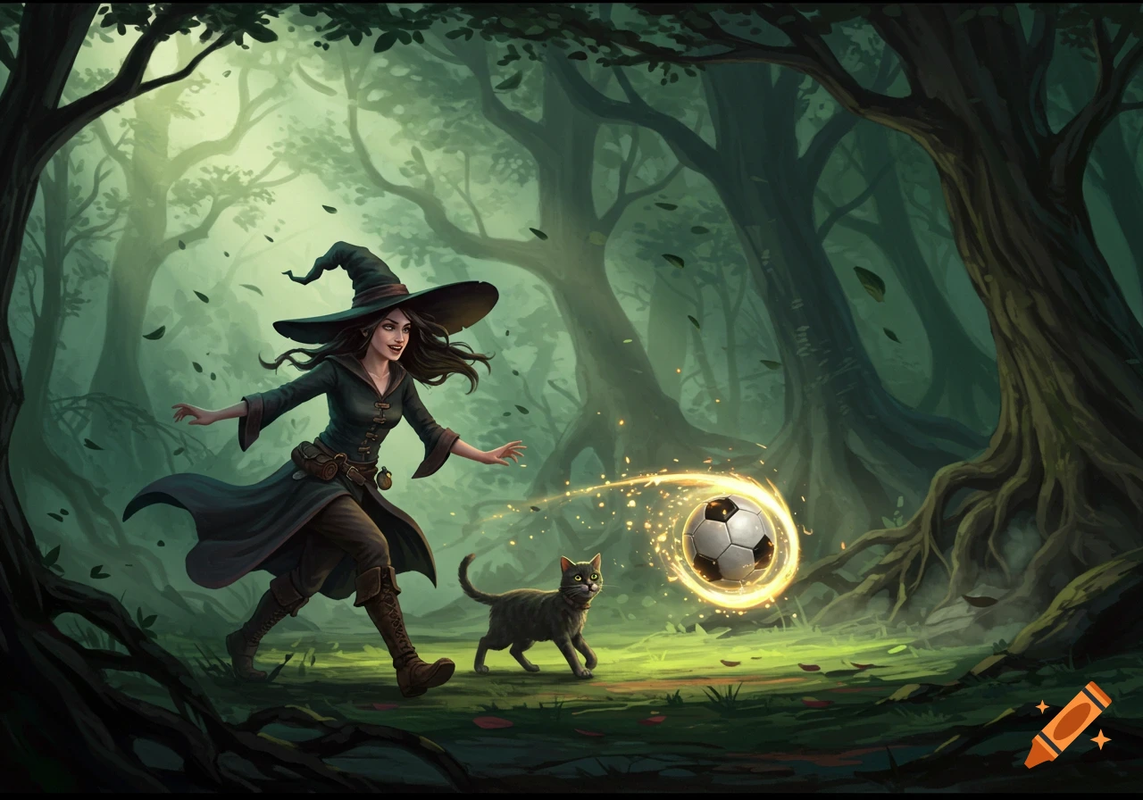 A smiling witch in a dark forest plays soccer with a black cat, a glowing magic football between them.