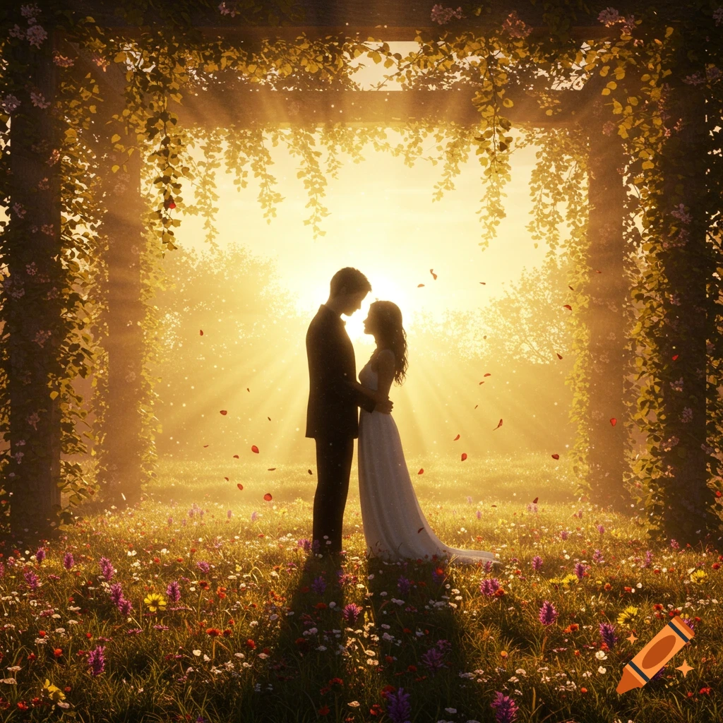 A man and woman embrace in a sun-drenched meadow under a vine-covered archway, with petals floating around them.